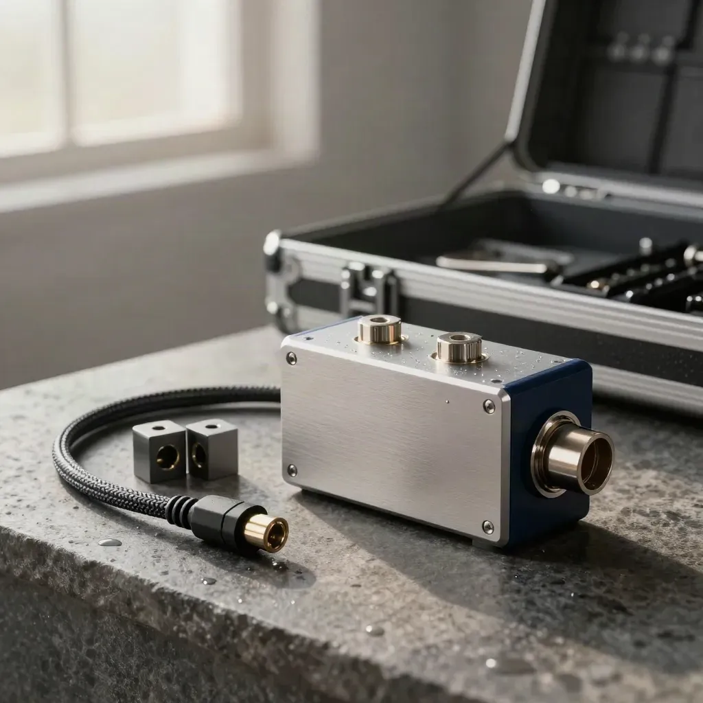 Brushed-aluminum protocol toolkit on stone beside an open flight case in cool morning mist.