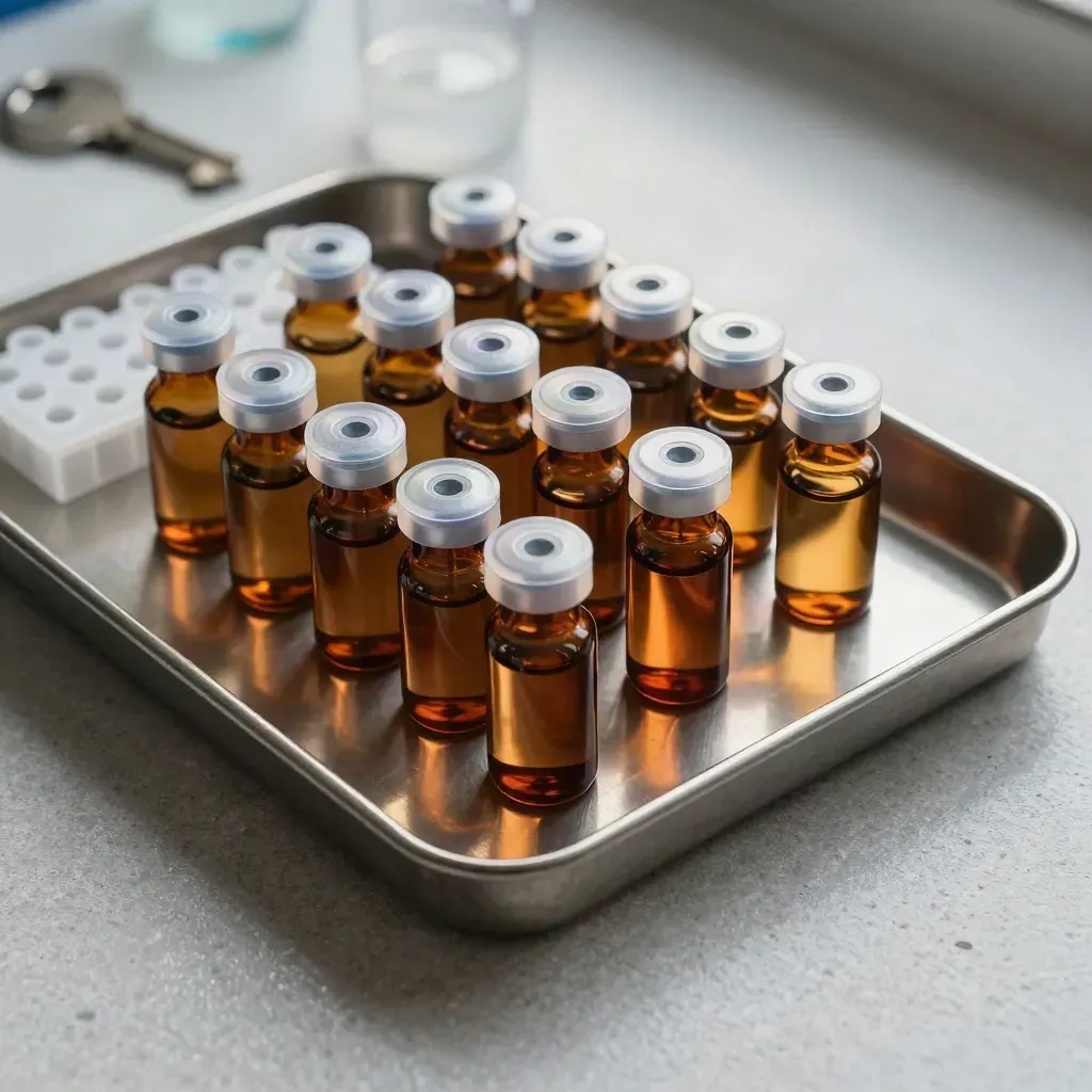 Top-down lab still life with amber vials, pipette tips, and a steel tray on frosted stone.
