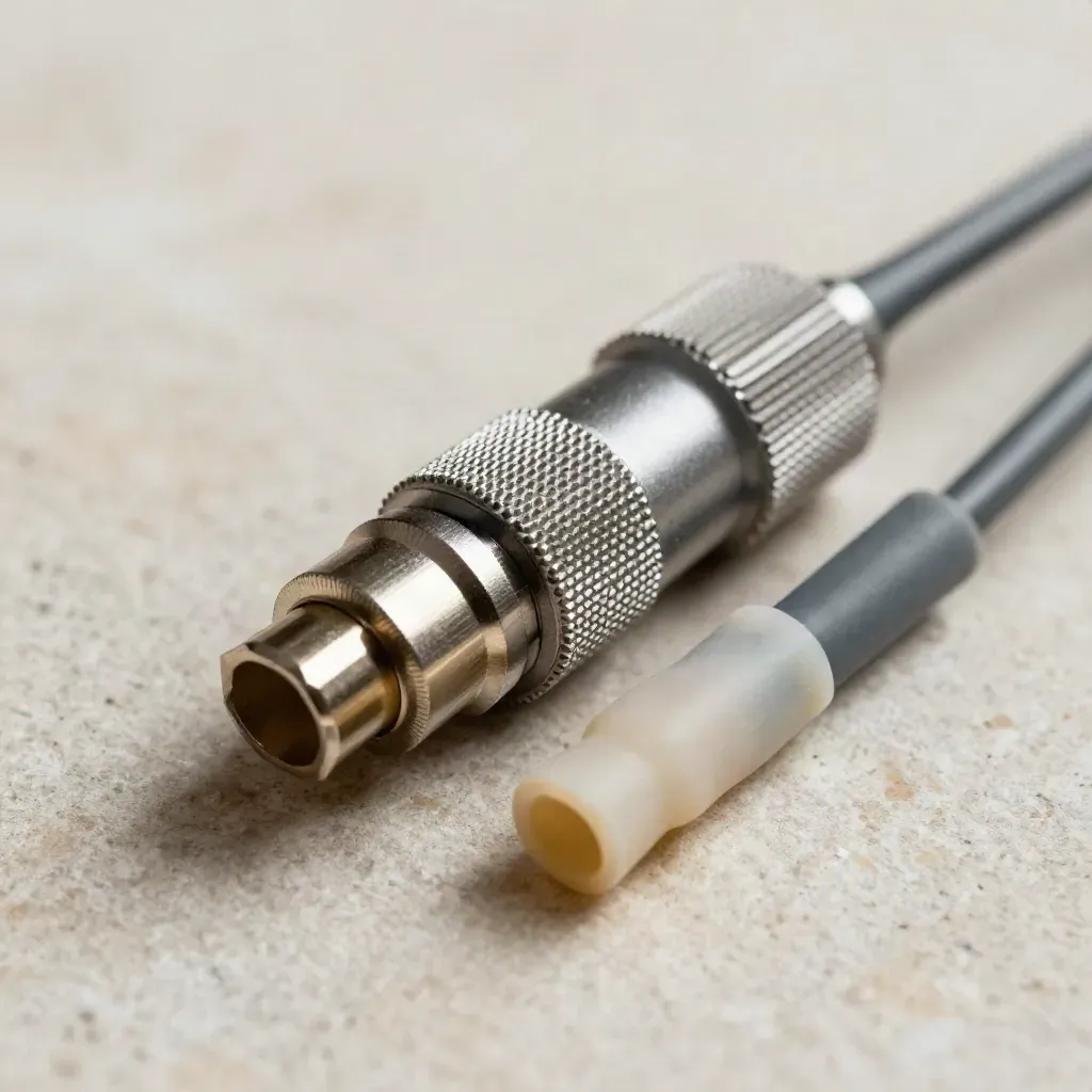 Avionics connector shell with knurled end cap and cable ends on pale stone.