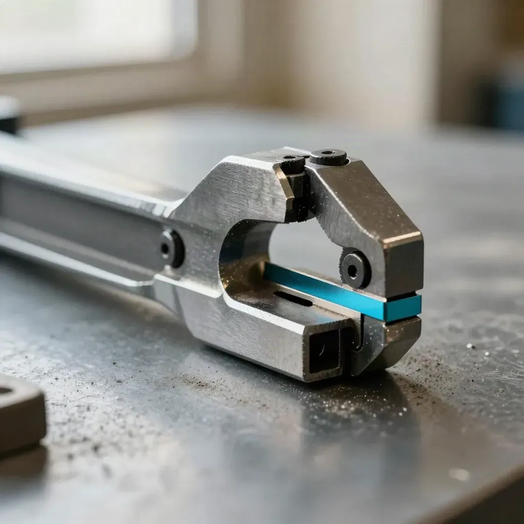 Close macro of a clamp gripping folded sheet metal with dust and cyan accent on a metal bench.