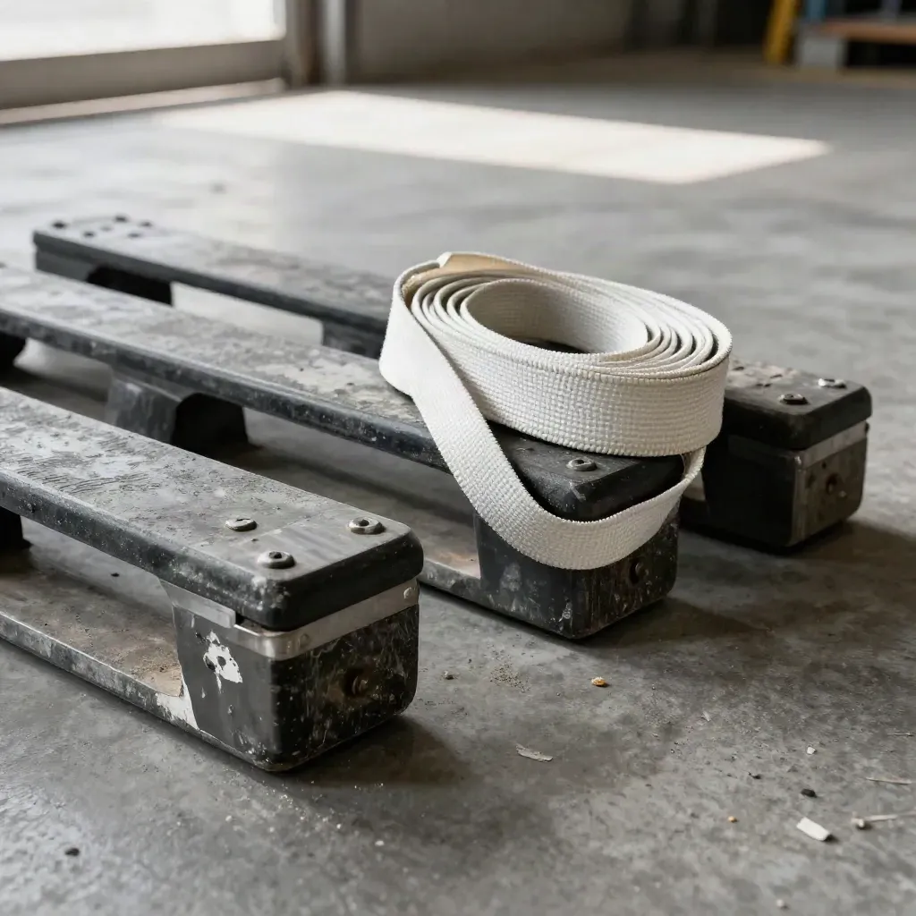 Warehouse loading-dock still life with pallet markers, steel guards, and a cinched white strap on concrete.