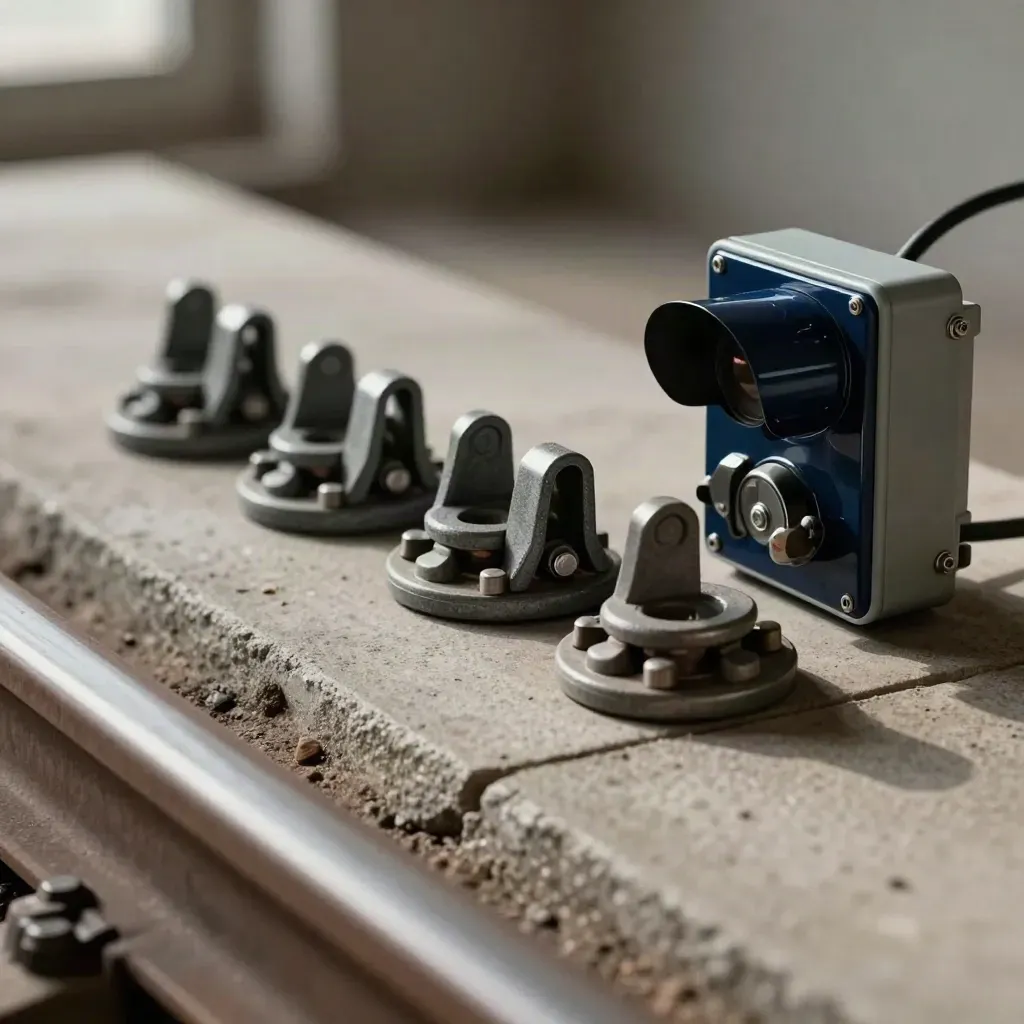Steel rail clips and a relay housing on a concrete slab with cool mist and graphite shadows.