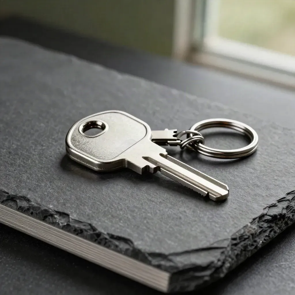 Titanium security key with cap and token ring on graphite stone, lit in cool studio haze.
