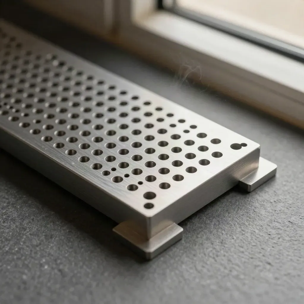 Macro of an aluminum endpoint template with spacer pins and alignment tabs on graphite stone.