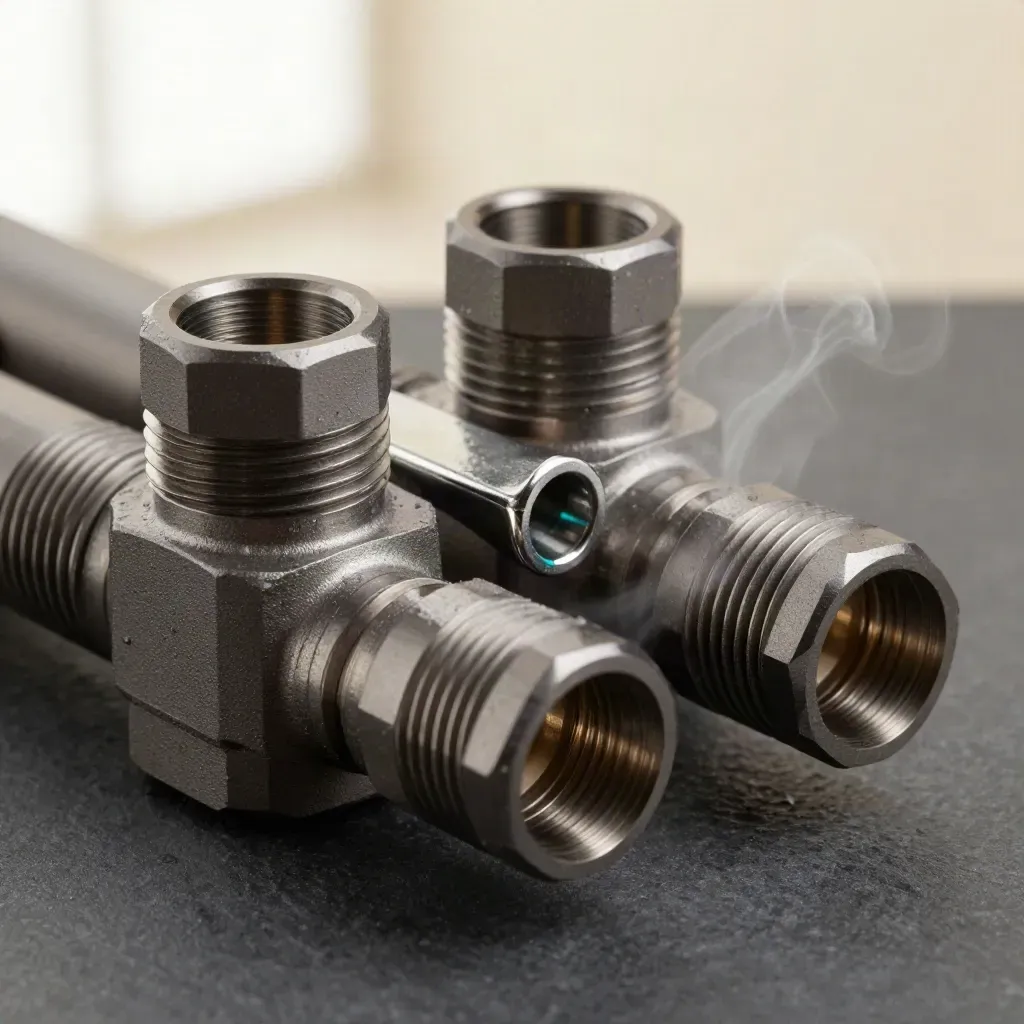 Macro of a precision manifold with two capped adapters and a stainless clip on graphite stone