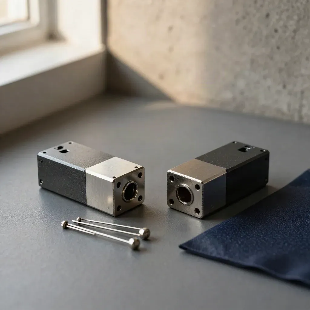 Two modular adapter blocks, matching pins, and a folded anti-static sleeve on a graphite workbench.