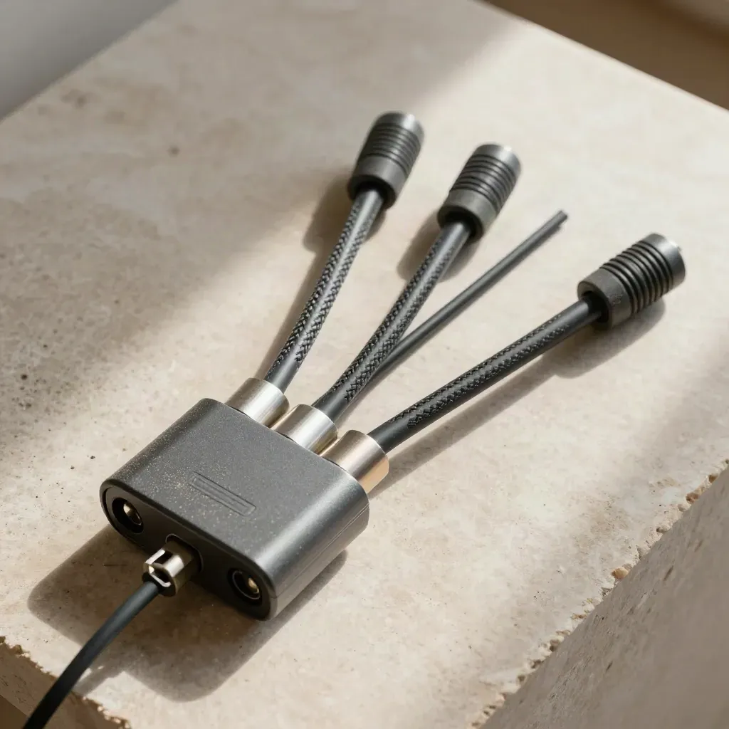 Overhead cable splitter with three capped leads and a routing hub on pale stone