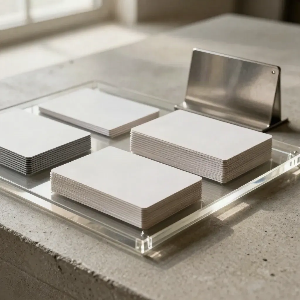 Acrylic tray with blank cards, sample sleeves, and aluminum stand on concrete in soft studio light.