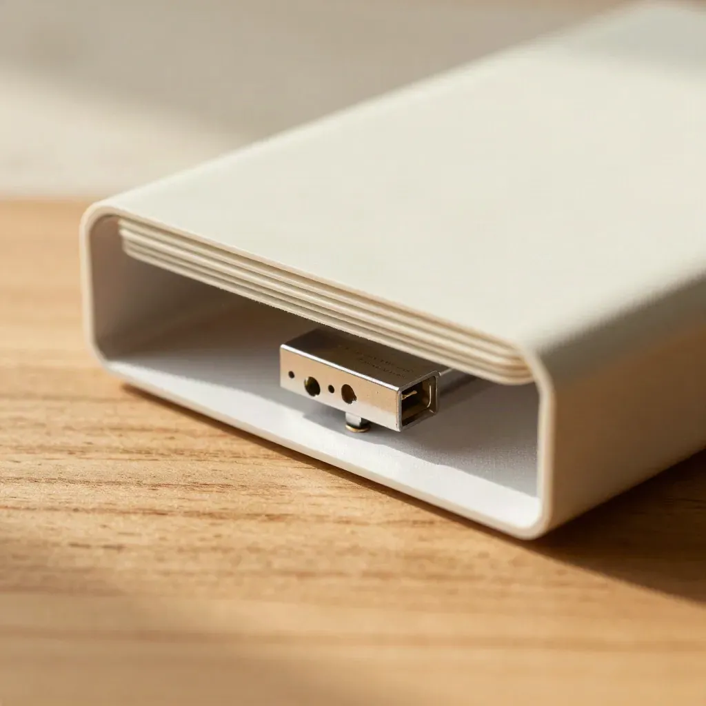 Open demo hardware kit with blank cards, foam liner, and a polished connector on warm oak.