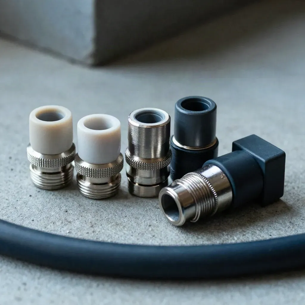 Adapter shells, cap inserts, and a junction block arranged diagonally on concrete.