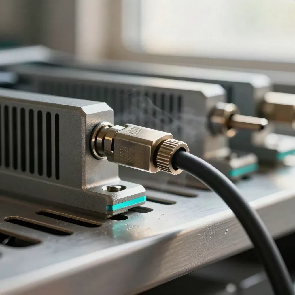 Macro of rack hardware, cable combs, auth key, and braided patch cable on steel rack