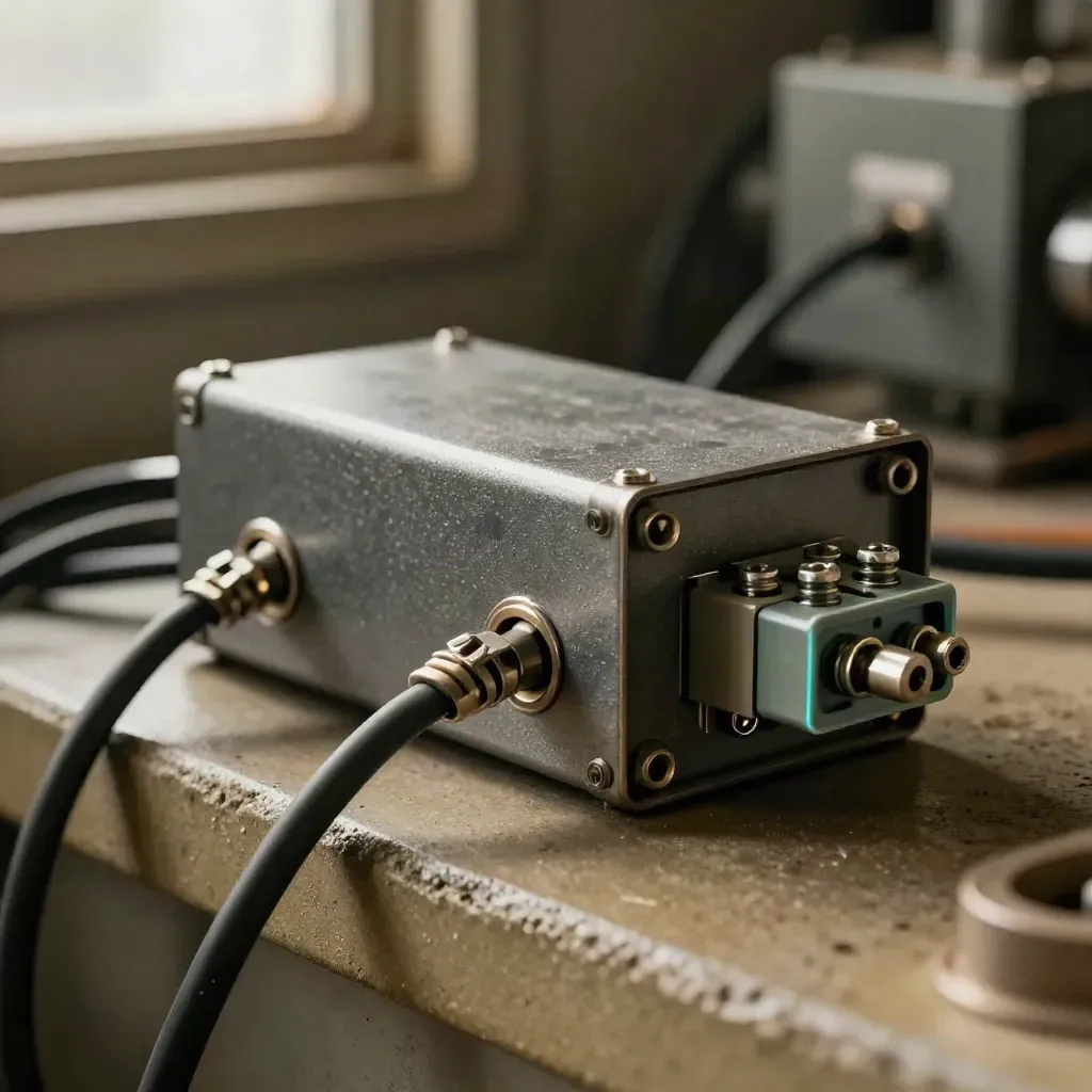 Macro relay box with coiled service cables and a precision terminal block on concrete.