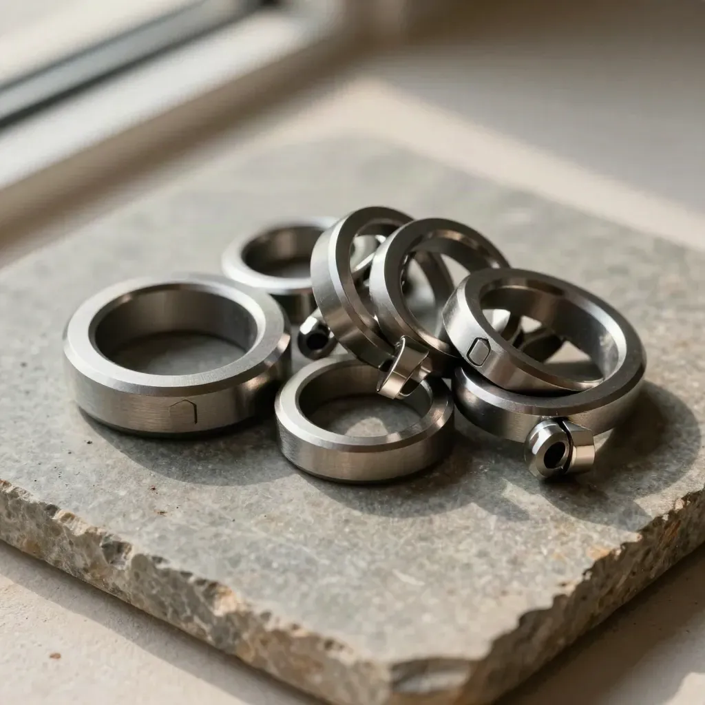 Top-down cluster of machined rings and cable grommet on matte stone in soft daylight