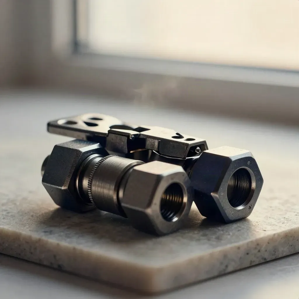 Hex couplers and a dark steel hinge closing over nested connector shells in dramatic studio light.