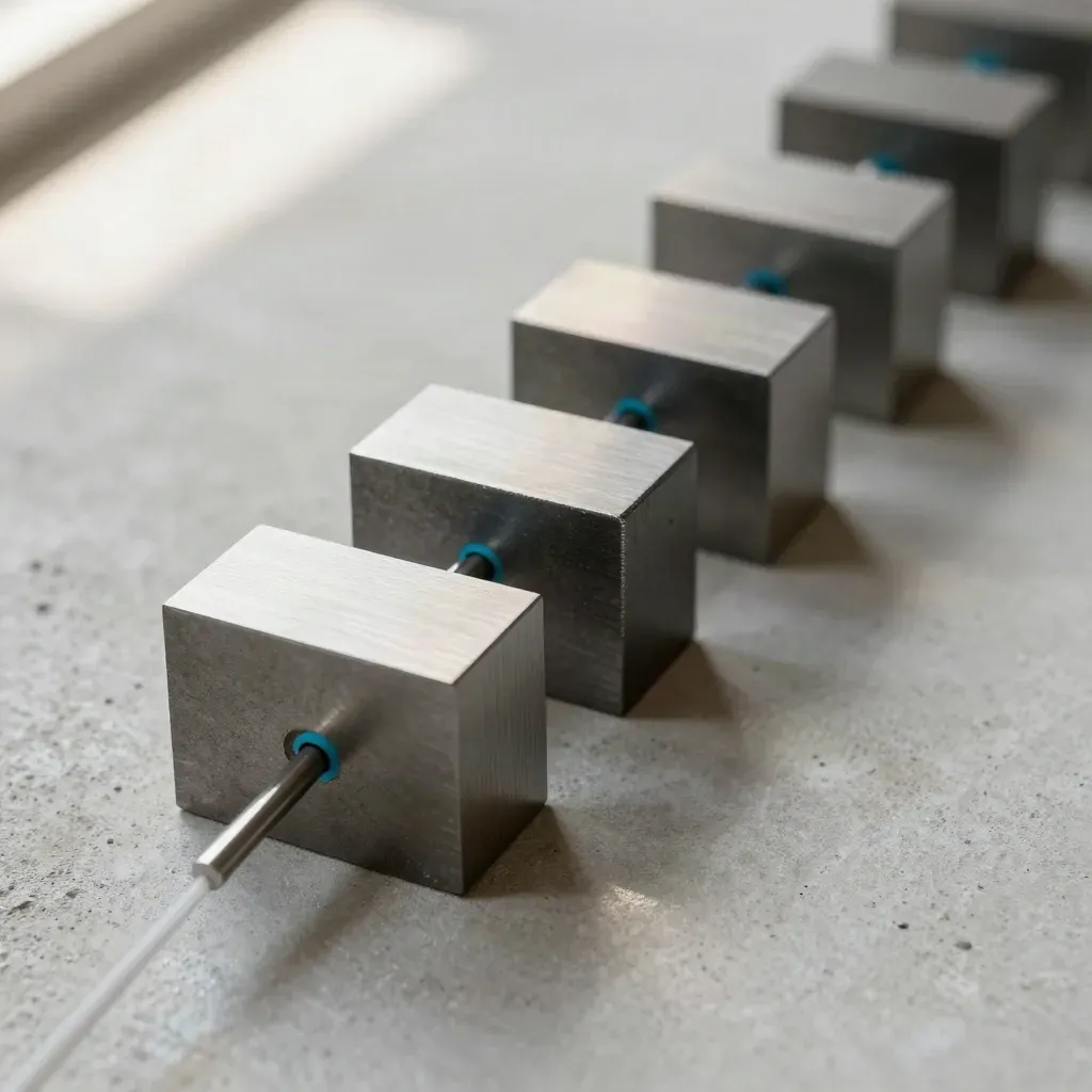 Overhead macro of graphite modular blocks and alignment pins on pale concrete with cyan accent