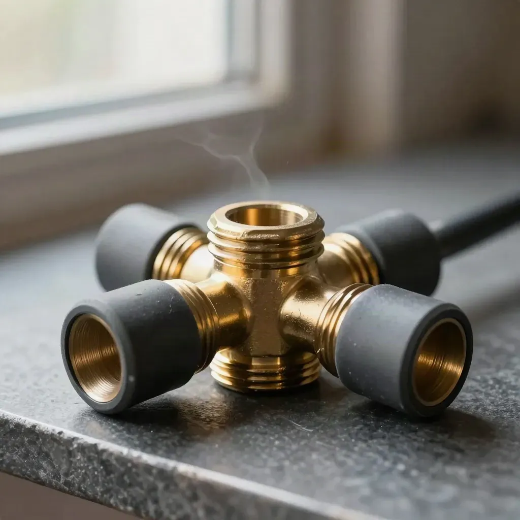 Brass coupling with radiating cable ends and rubber dampers on a graphite surface.